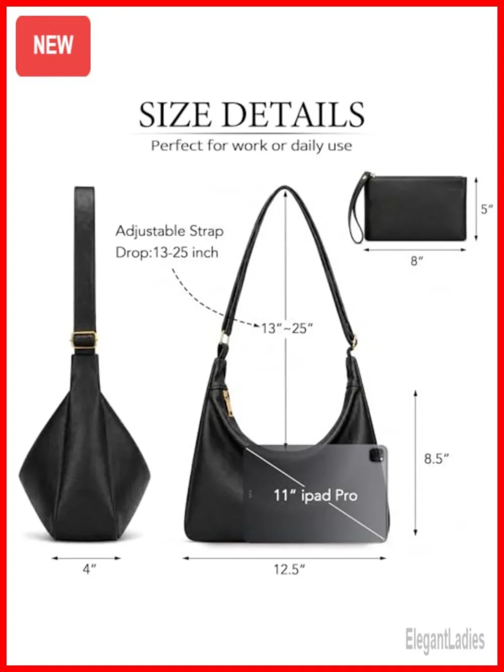 Slouchy Hobo Bag Vegan Leather Shoulder Purse Adjustable Crossbody